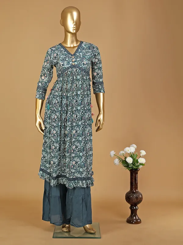 Teal blue silk casual wear sharara set
