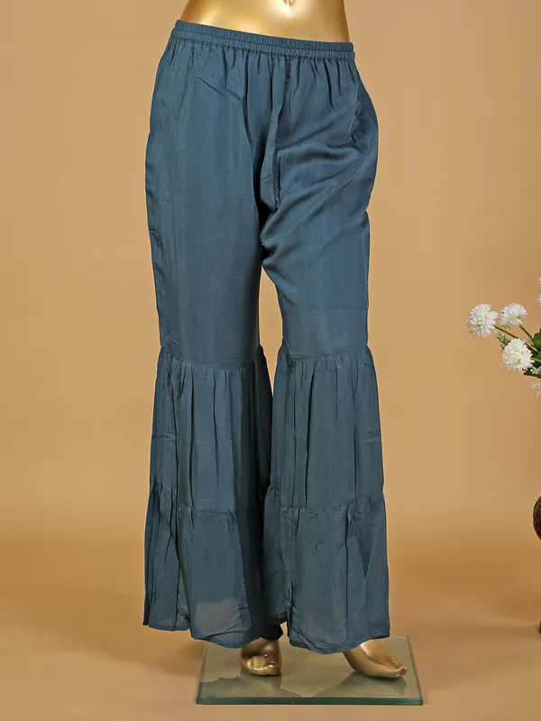 Teal blue silk casual wear sharara set