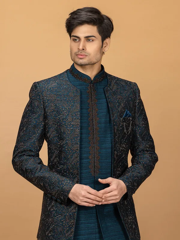 Teal blue silk indowestern for wedding look