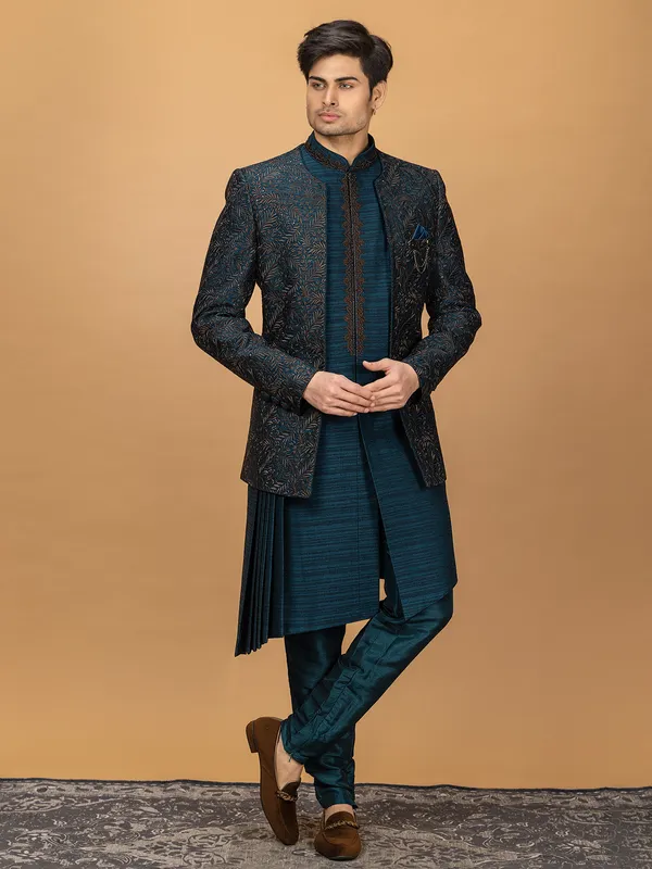 Teal blue silk indowestern for wedding look