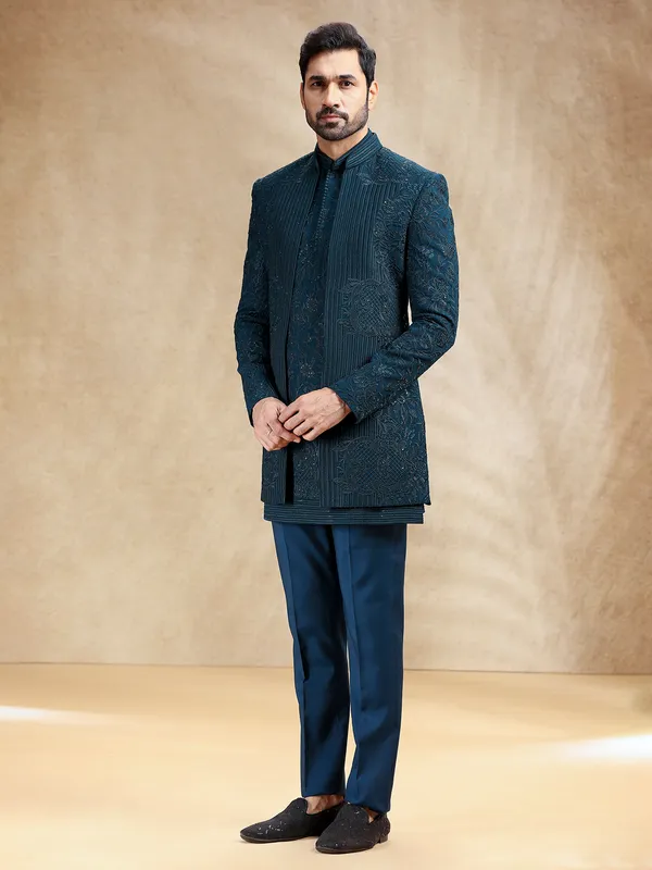 Teal Blue silk indowestern with rich embroidery