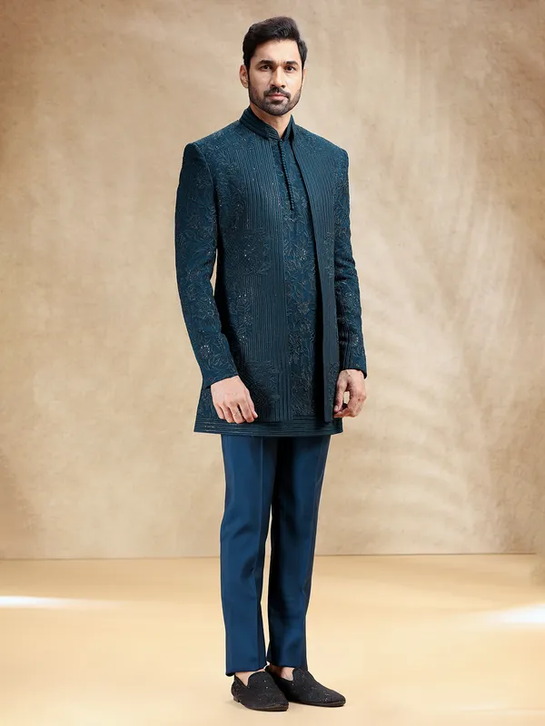 Teal Blue silk indowestern with rich embroidery