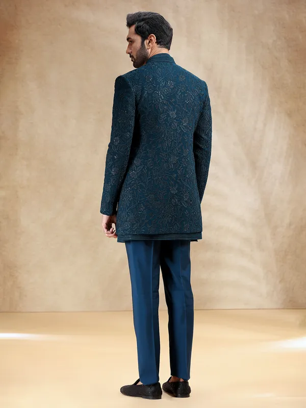 Teal Blue silk indowestern with rich embroidery