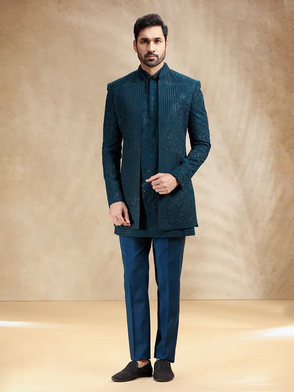 Teal Blue silk indowestern with rich embroidery