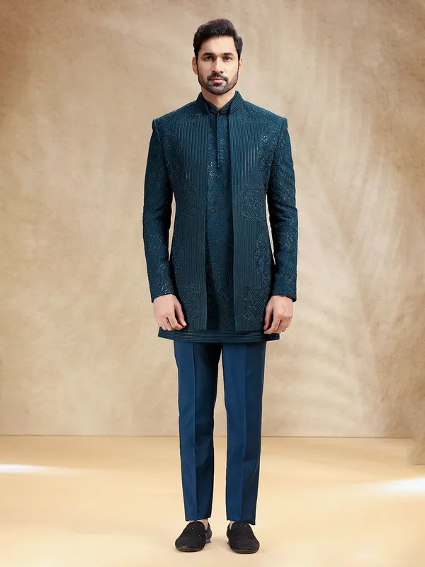 Teal Blue silk indowestern with rich embroidery