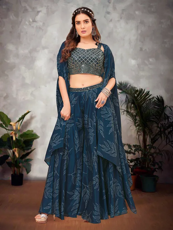 Teal blue silk jacket style palazzo suit