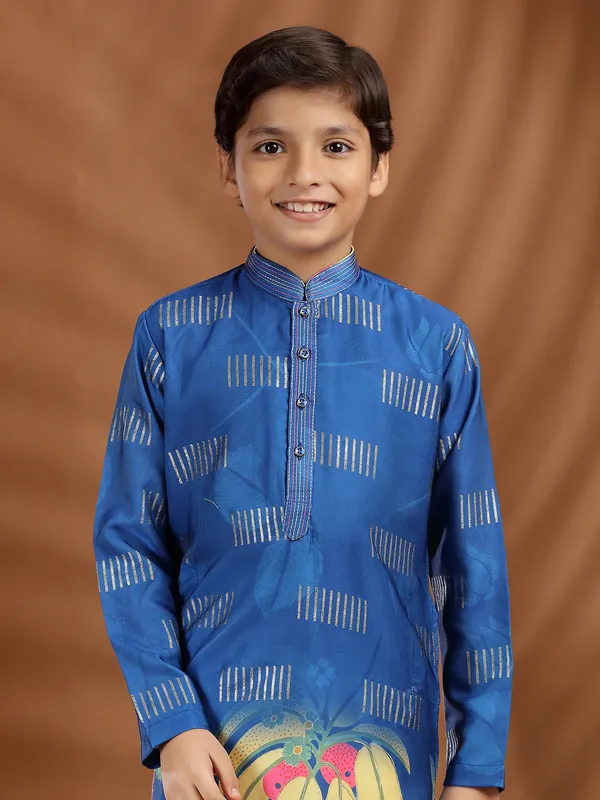 Teal blue silk kurta pajama in printed