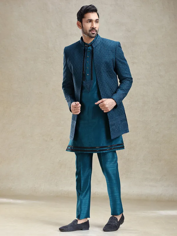 Teal blue silk open style jacket indo-western