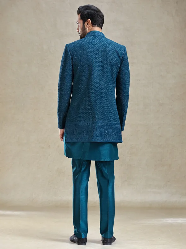Teal blue silk open style jacket indo-western