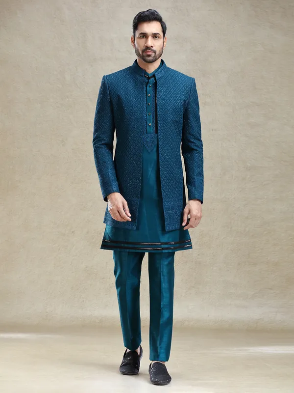 Teal blue silk open style jacket indo-western