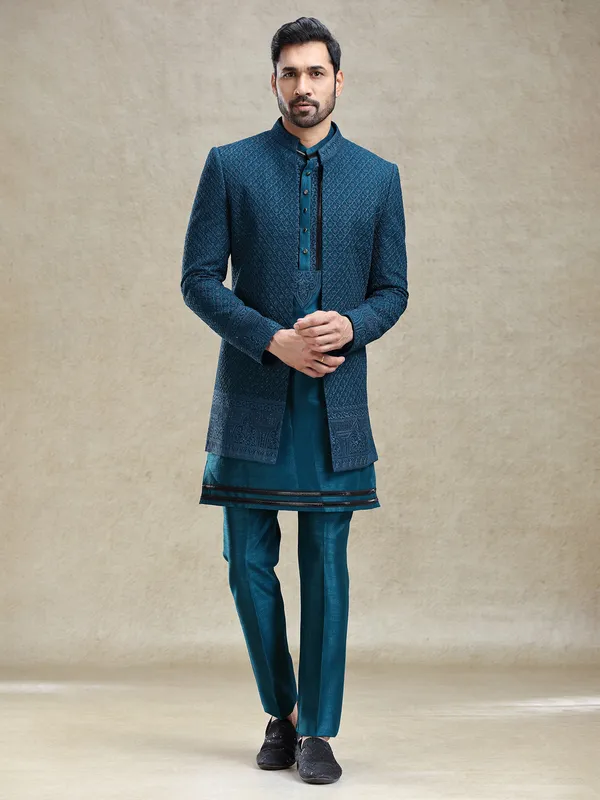 Teal blue silk open style jacket indo-western