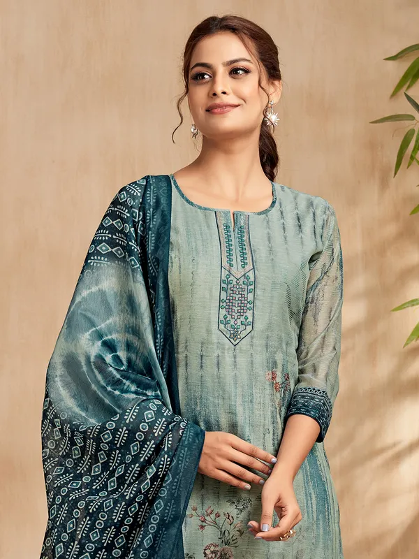 Teal blue silk printed casual salwar suit