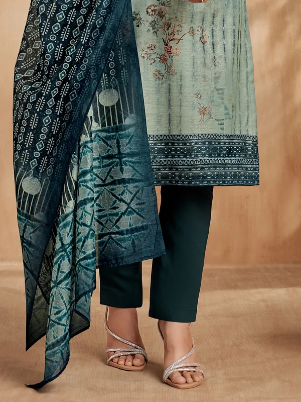 Teal blue silk printed casual salwar suit