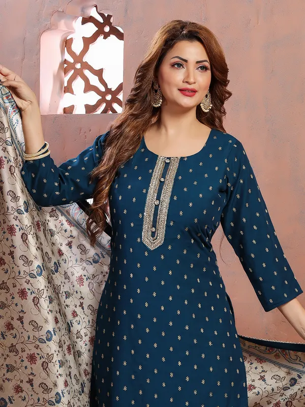 Teal blue silk salwar suit with printed dupatta
