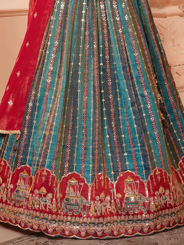 Teal blue silk wedding lehenga choli with dupatta
