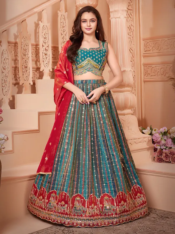 Teal blue silk wedding lehenga choli with dupatta