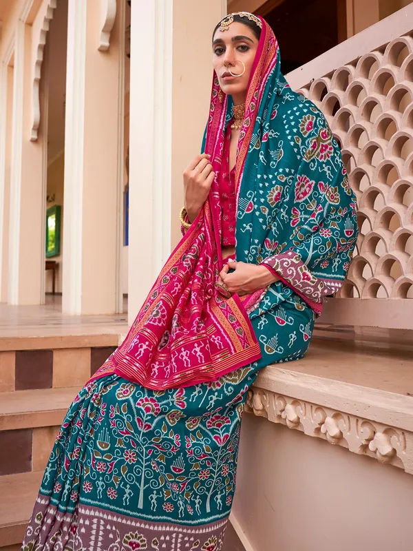 Teal blue silk wedding saree for women