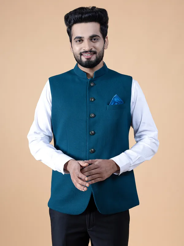 Teal blue terry rayon waistcoat