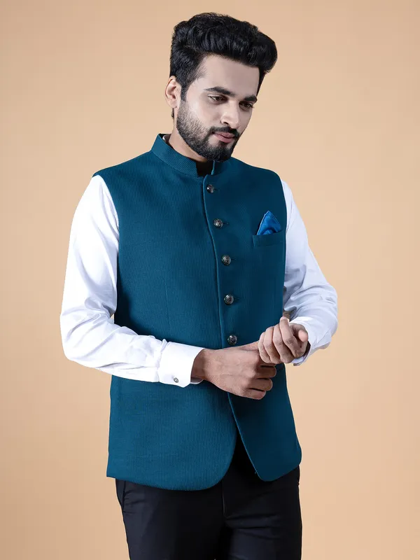 Teal blue terry rayon waistcoat