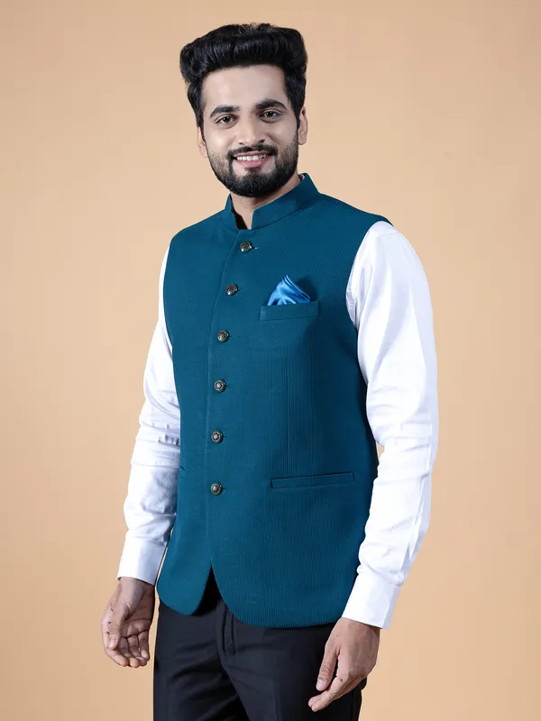Teal blue terry rayon waistcoat