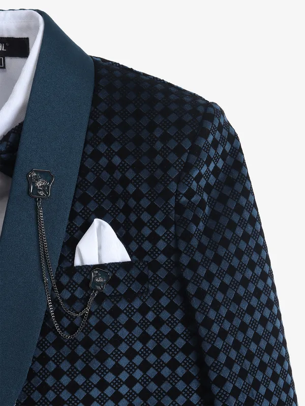 Teal blue velvet textured coat suit