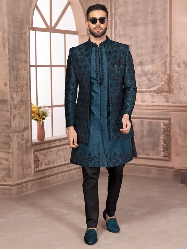 Teal blue wedding indowestern in silk