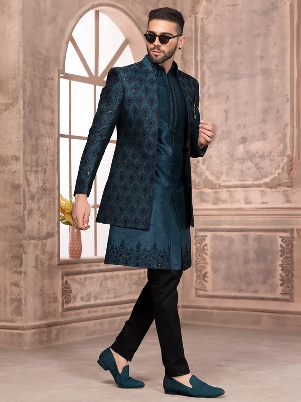 Teal blue wedding indowestern in silk