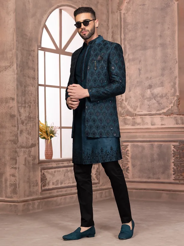 Teal blue wedding indowestern in silk