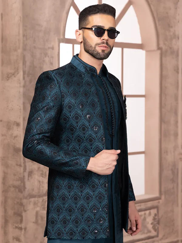 Teal blue wedding indowestern in silk