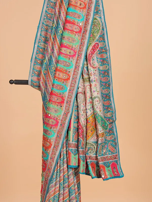 Teal blue wedding wear silk saree with zari weaving