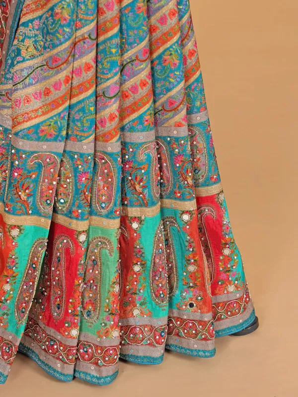 Teal blue wedding wear silk saree with zari weaving