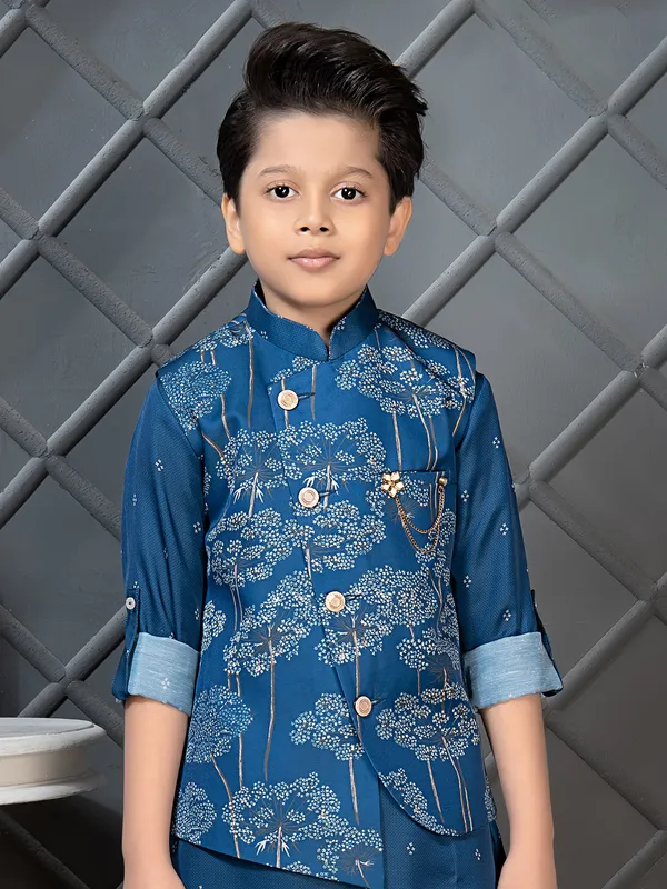 Teal blue wedding wear silk waistcoat set