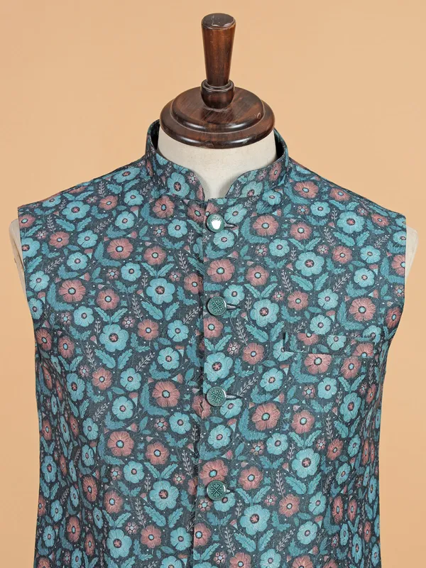 Teal blue zari textured waistcoat for men