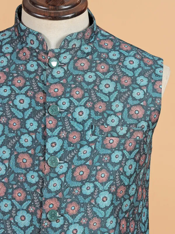 Teal blue zari textured waistcoat for men