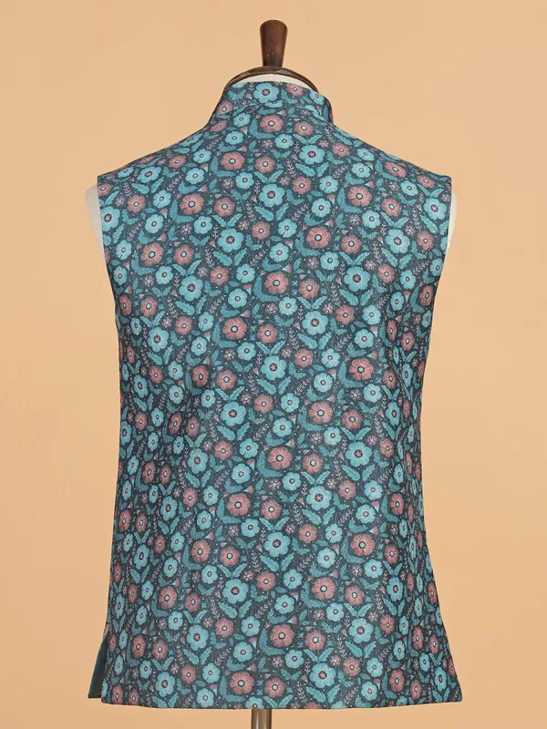 Teal blue zari textured waistcoat for men