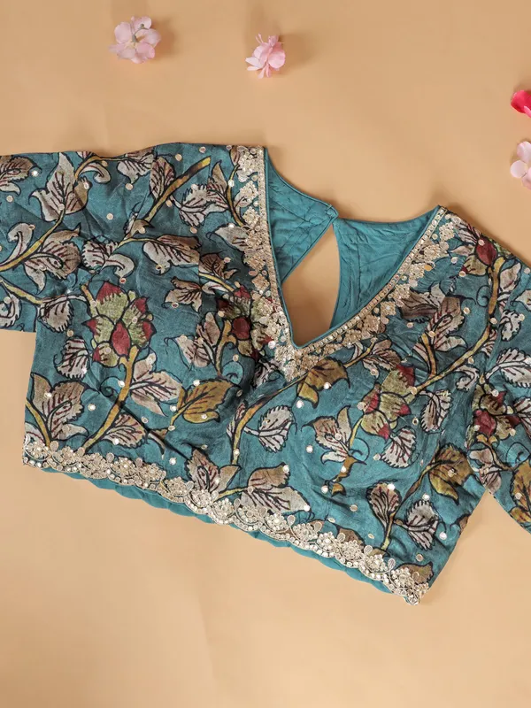 Teal blue zig zag printed saree with ready made