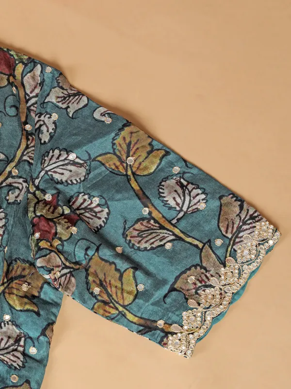 Teal blue zig zag printed saree with ready made