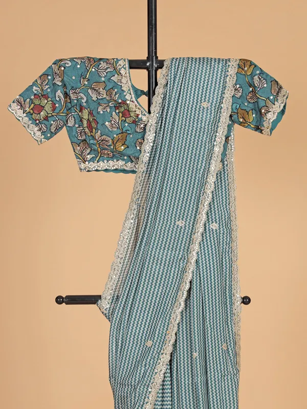 Teal blue zig zag printed saree with ready made