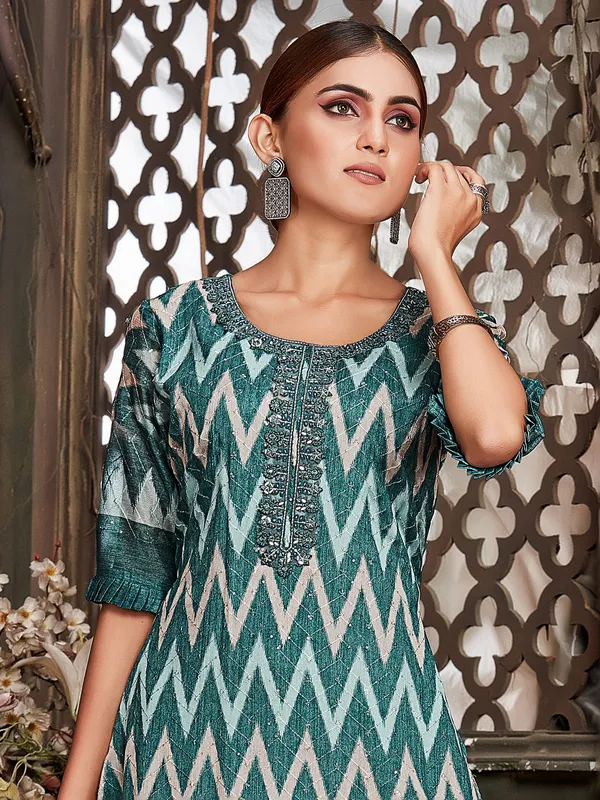 Teal green chinon chiffon festive kurti