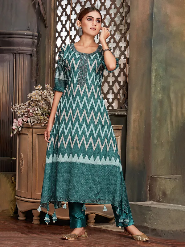 Teal green chinon chiffon festive kurti