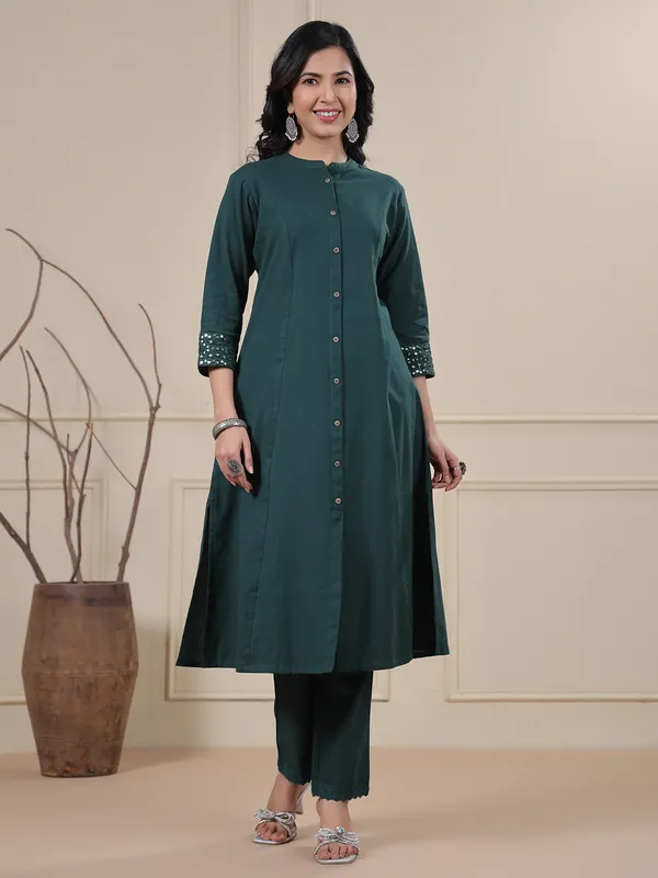 Teal green cotton plain kurti