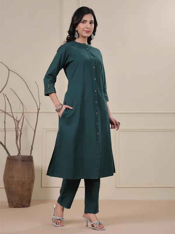 Teal green cotton plain kurti