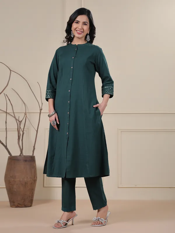 Teal green cotton plain kurti