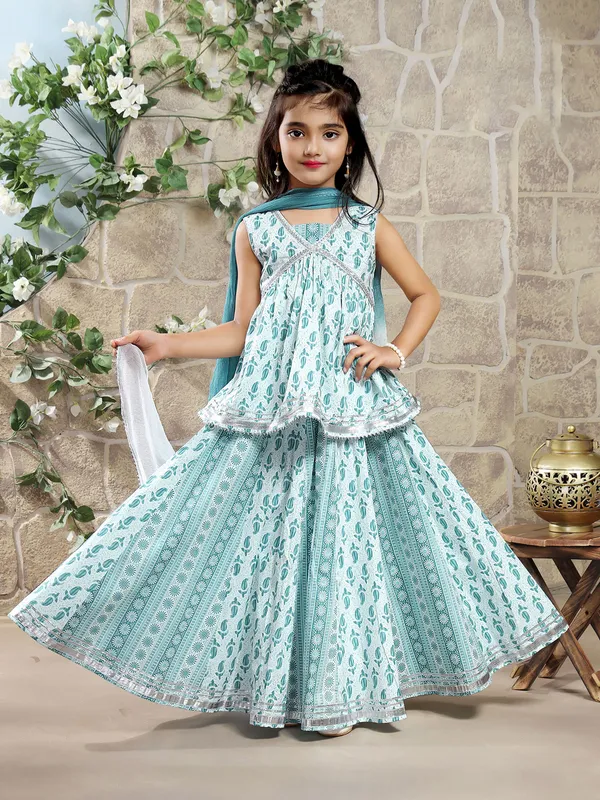 Teal green cotton printed lehenga choli