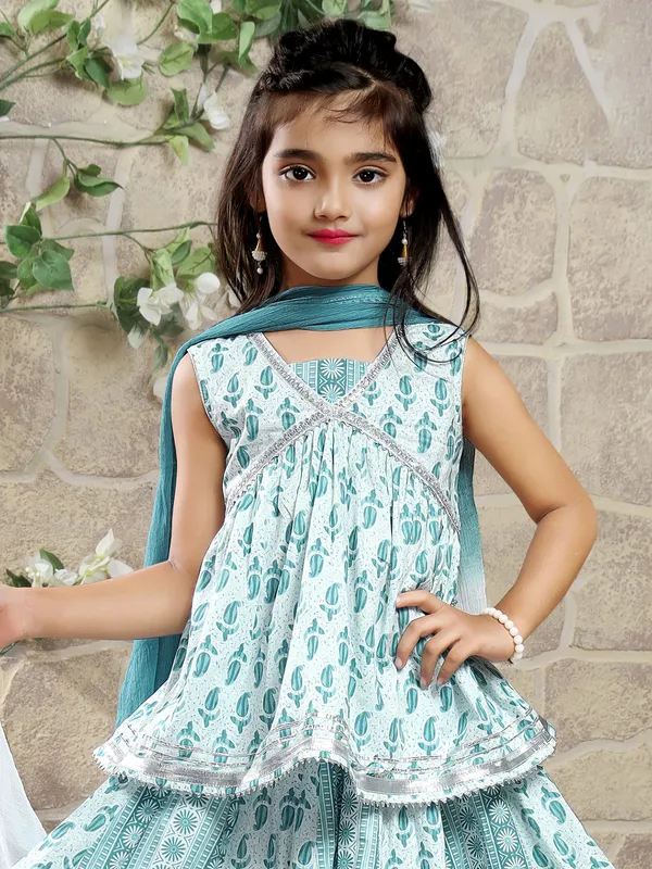 Teal green cotton printed lehenga choli