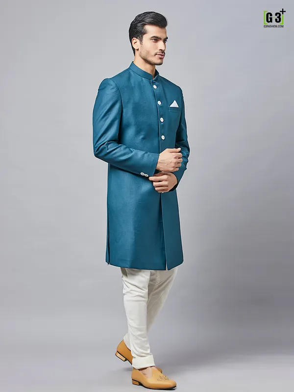 Teal blue cotton silk indo western for party