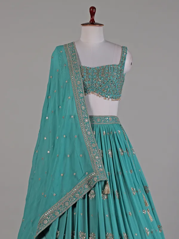 Teal green georgette lehenga for wedding