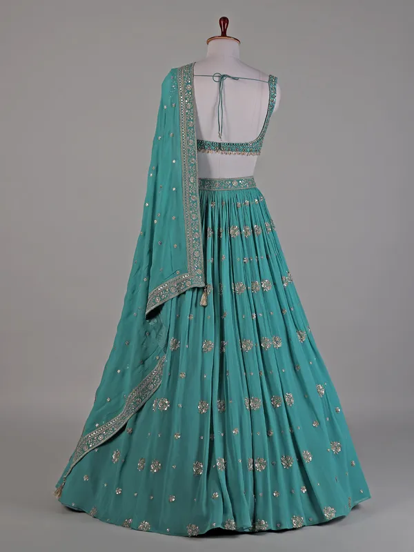 Teal green georgette lehenga for wedding