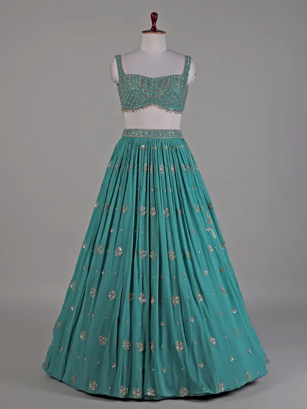 Teal green georgette lehenga for wedding