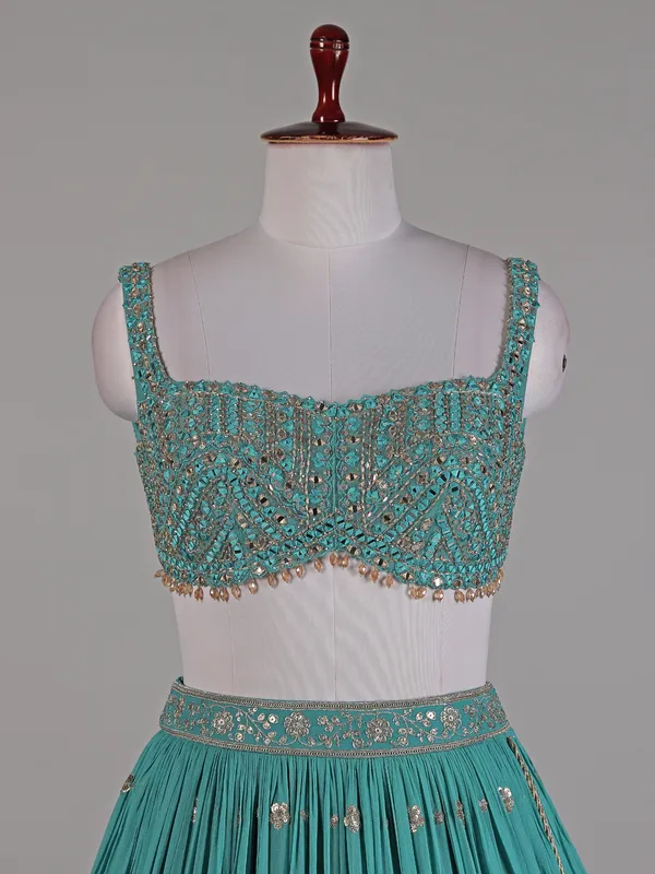 Teal green georgette lehenga for wedding